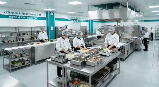 Đầu bếp làm việc trong bếp trung tâm đạt chuẩn FSSC 22000