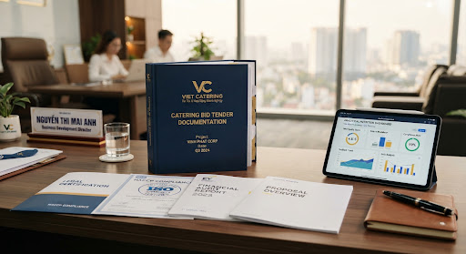 Hồ sơ đấu thầu suất ăn doanh nghiệp trên bàn làm việc