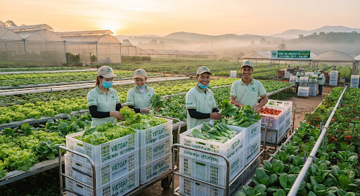 Nông trường rau VietGAP thu hoạch nguyên liệu